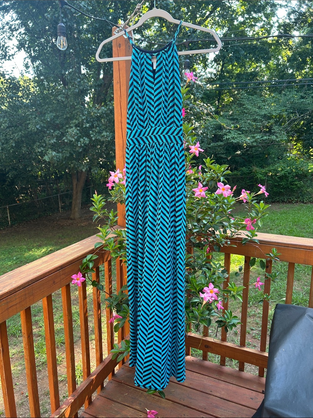 LOFT Petite Teal and Navy Chevron Maxi Dress